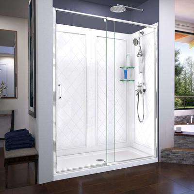 Dreamline Flex 36 Inch D x 60 Inch W x 76-3/4 Inch H Semi-Frameless Shower Door with Center Drain Shower Base and Back Wall DL-6230C-01