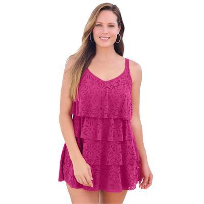 Plus Size Women's Tiered-Ruffle Crochet Swim Dress by Swim 365 in Bright Berry (Size 28)