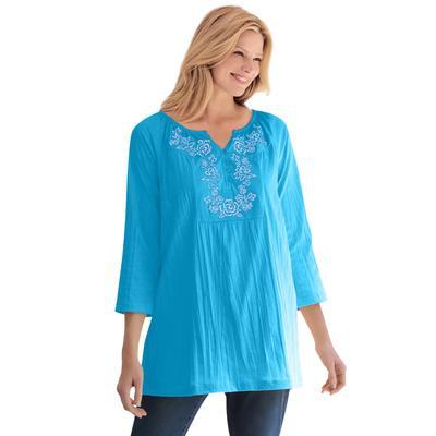 Plus Size Women's Embroidered Crinkle Tunic by Woman Within in Paradise Blue Rose Embroidery (Size 22/24)