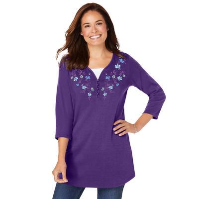 Plus Size Women's 7-Day Layered-Look Embroidered Henley Tunic by Woman Within in Radiant Purple Embroidery (Size M)