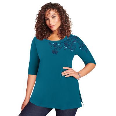 Plus Size Women's Three-Quarter Sleeve Embellished Tunic by Roaman's in Teal Embroidered Vines (Size 14/16) Long Shirt