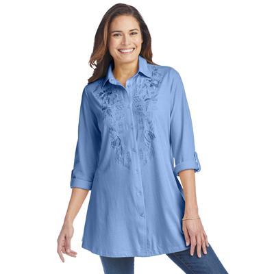 Plus Size Women's Button-Front Embroidered Tunic by Woman Within in French Blue Embroidery (Size M)