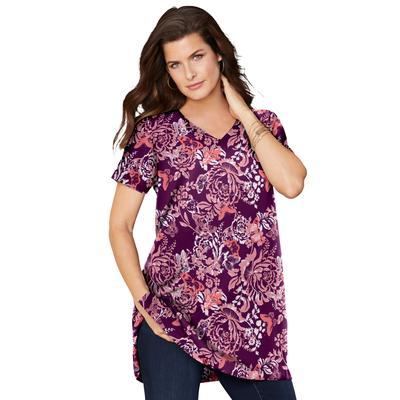 Plus Size Women's Short-Sleeve V-Neck Ultimate Tunic by Roaman's in Dark Berry Butterfly Bloom (Size L) Long T-Shirt Tee